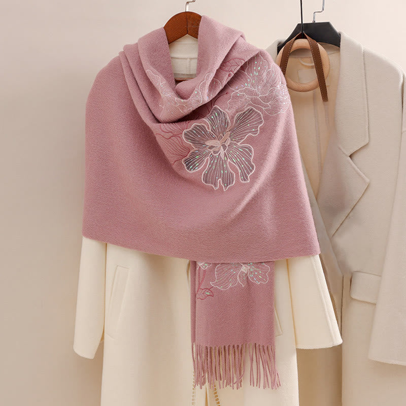 Buddha Stones, grandi fiori, paillettes, nappe, ricami, sciarpa da viaggio invernale e calda