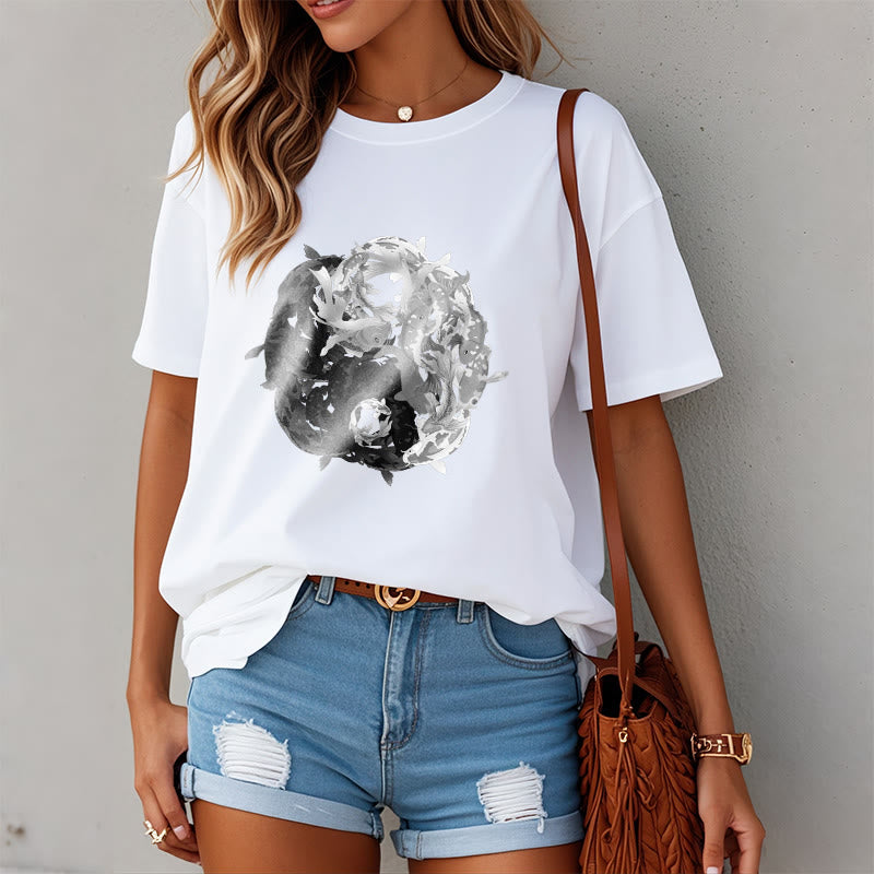 Maglietta in cotone con combinazione di Buddha Stones Yin Yang Koi Fish - image 4