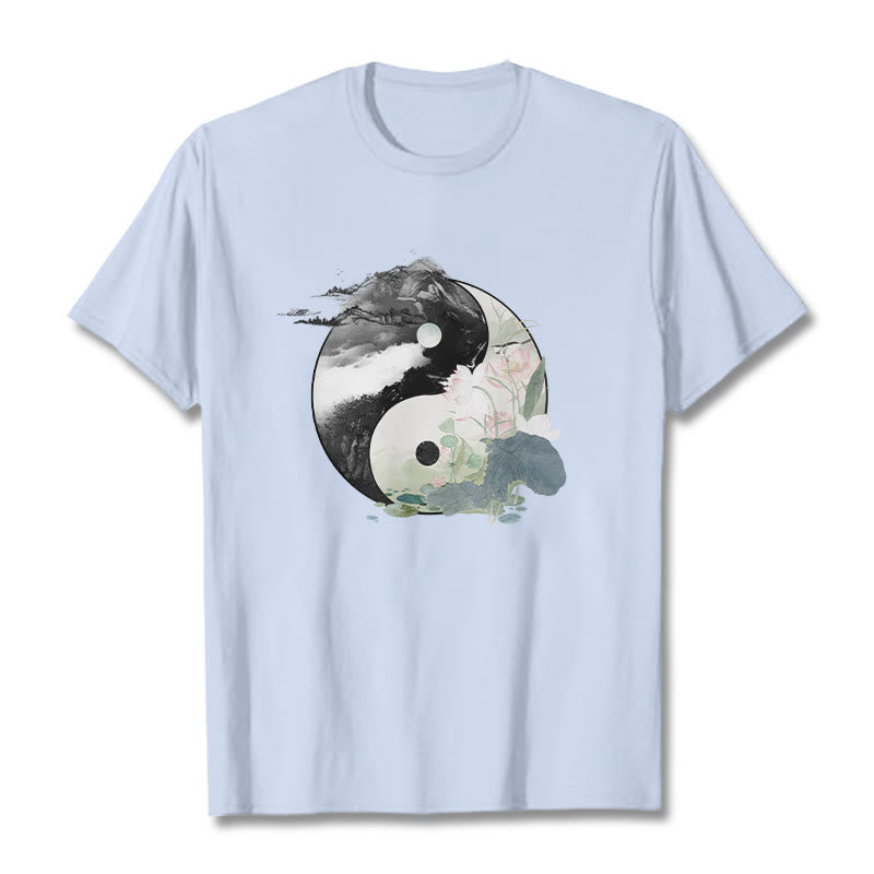 Maglietta in cotone con pittura a inchiostro di foglie di loto , Buddha Stones, Yin Yang - Ciano chiaro - 2XL - image 12