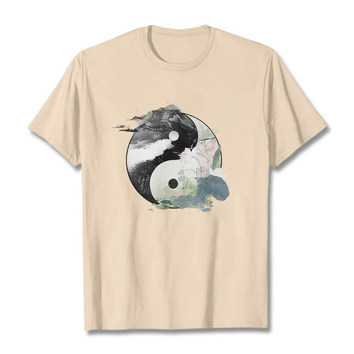 Maglietta in cotone con pittura a inchiostro di foglie di loto , Buddha Stones, Yin Yang - Biscotto - 2XL - image 13