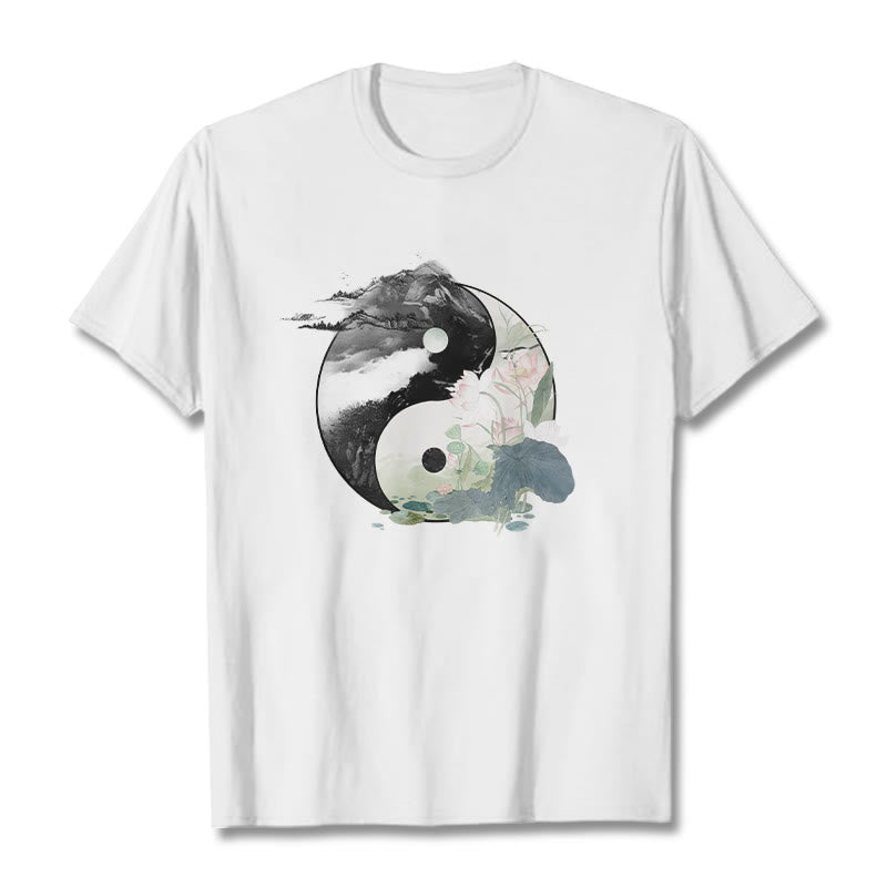 Maglietta in cotone con pittura a inchiostro di foglie di loto , Buddha Stones, Yin Yang - Bianco - 2XL - image 8