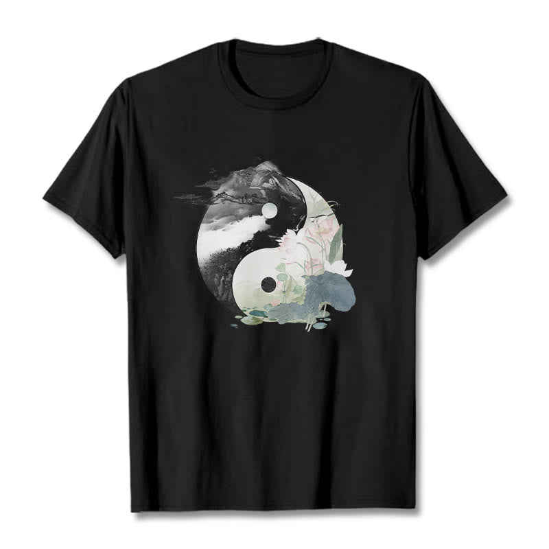 Maglietta in cotone con pittura a inchiostro di foglie di loto , Buddha Stones, Yin Yang - Nero - 2XL - image 1