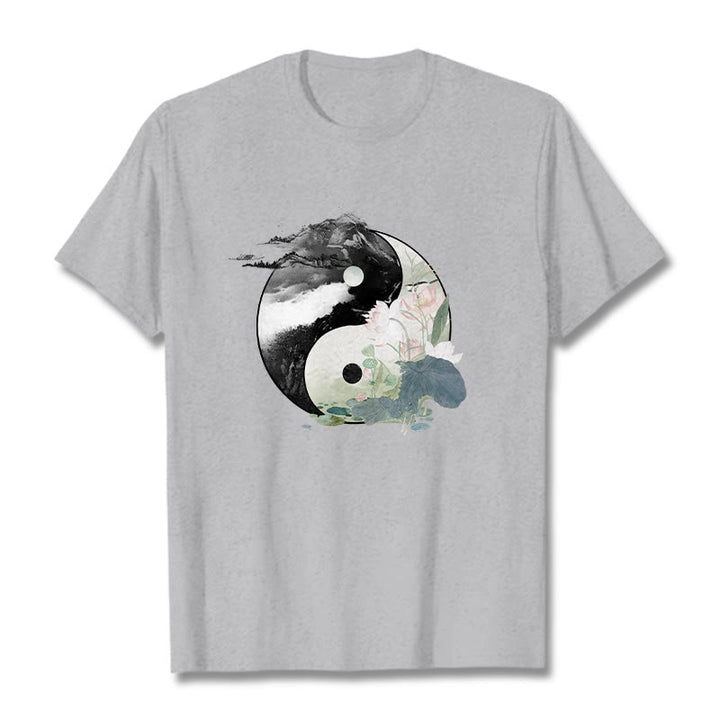 Maglietta in cotone con pittura a inchiostro di foglie di loto , Buddha Stones, Yin Yang - Grigio chiaro - 2XL - image 11