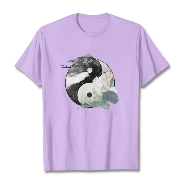 Maglietta in cotone con pittura a inchiostro di foglie di loto , Buddha Stones, Yin Yang - Prugna - 2XL - image 19