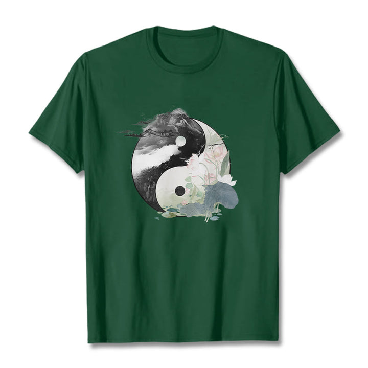 Maglietta in cotone con pittura a inchiostro di foglie di loto , Buddha Stones, Yin Yang - Verde foresta - 2XL - image 5