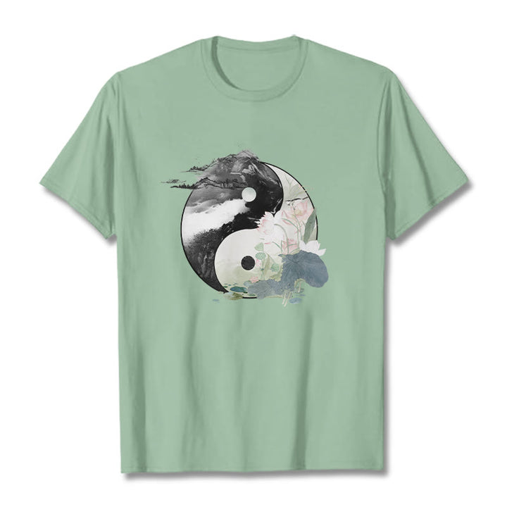 Maglietta in cotone con pittura a inchiostro di foglie di loto , Buddha Stones, Yin Yang - Verde pallido - 2XL - image 15