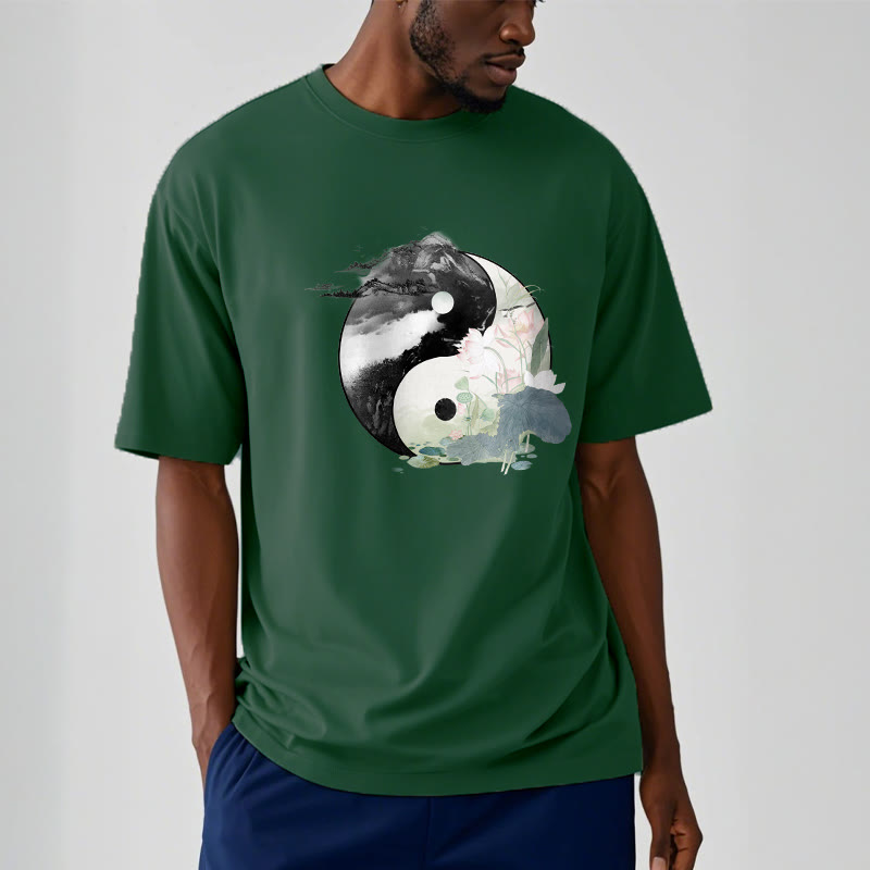 Maglietta in cotone con pittura a inchiostro di foglie di loto , Buddha Stones, Yin Yang - image 7