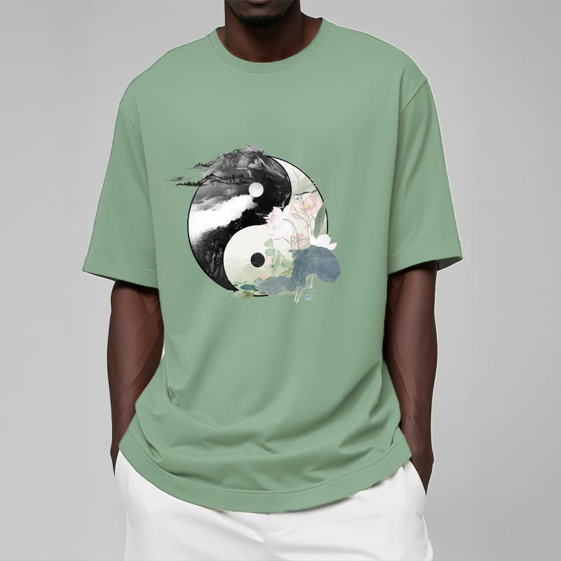 Maglietta in cotone con pittura a inchiostro di foglie di loto , Buddha Stones, Yin Yang - image 16