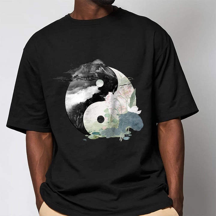 Maglietta in cotone con pittura a inchiostro di foglie di loto , Buddha Stones, Yin Yang - image 3