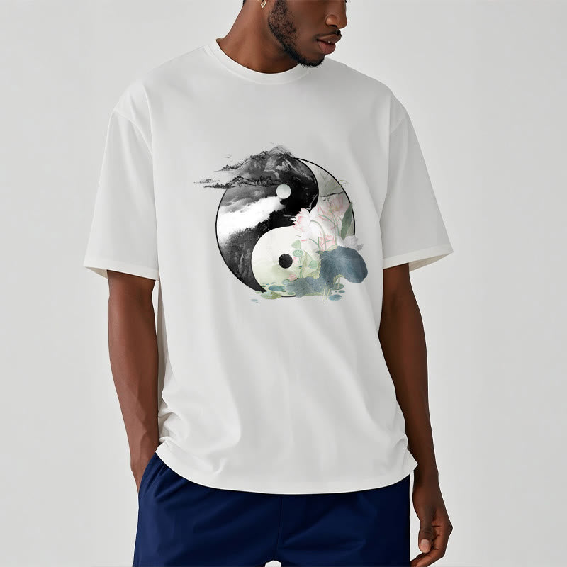 Maglietta in cotone con pittura a inchiostro di foglie di loto , Buddha Stones, Yin Yang - image 10