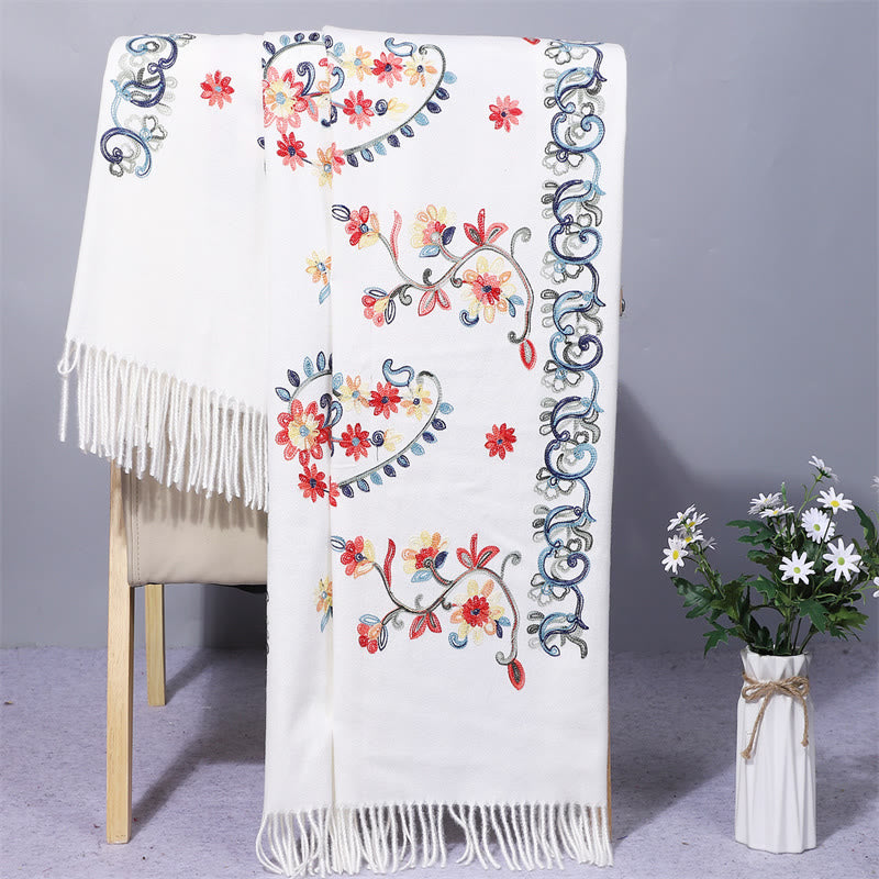 Scialle in poliestere con Buddha Stones, fiori colorati, stile etnico, ricamo, nappa, sciarpa da viaggio invernale e accogliente - Bianco - 200*70cm - image 3