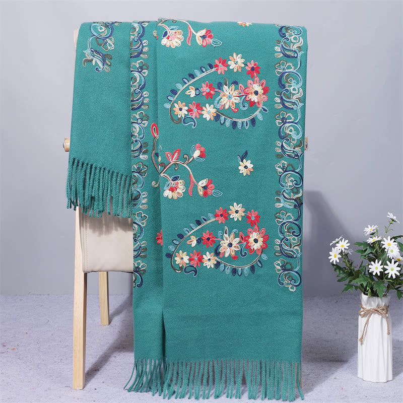 Scialle in poliestere con Buddha Stones, fiori colorati, stile etnico, ricamo, nappa, sciarpa da viaggio invernale e accogliente - Ciano scuro - 200*70cm - image 9