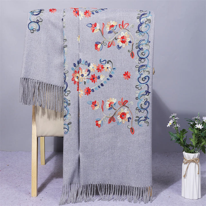 Scialle in poliestere con Buddha Stones, fiori colorati, stile etnico, ricamo, nappa, sciarpa da viaggio invernale e accogliente - Grigio chiaro - 200*70cm - image 7