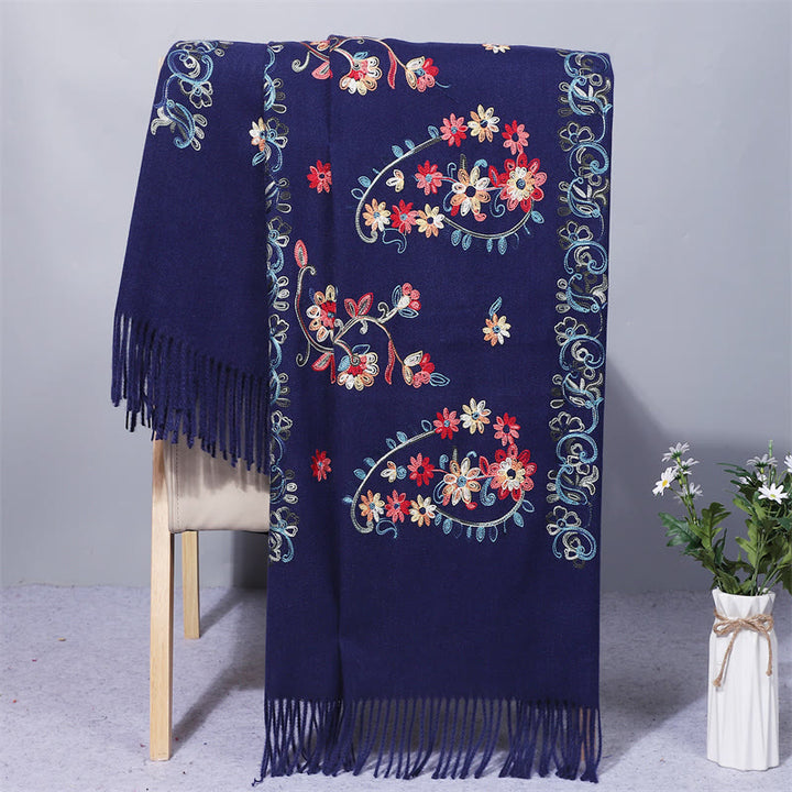 Scialle in poliestere con Buddha Stones, fiori colorati, stile etnico, ricamo, nappa, sciarpa da viaggio invernale e accogliente - Blu mezzanotte - 200*70cm - image 5