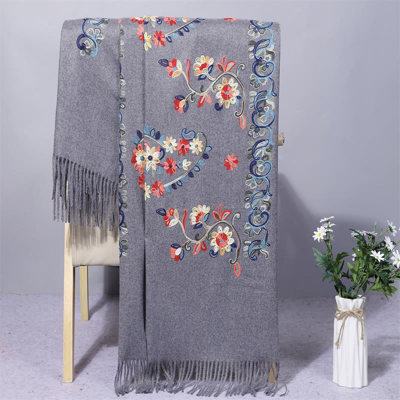 Scialle in poliestere con Buddha Stones, fiori colorati, stile etnico, ricamo, nappa, sciarpa da viaggio invernale e accogliente - Grigio ardesia - 200*70cm - image 4
