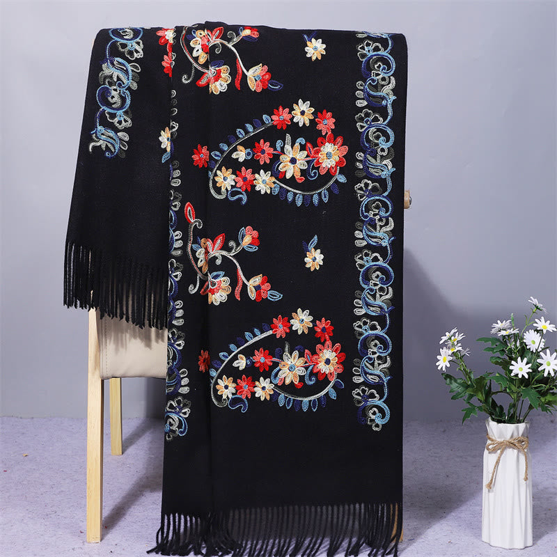 Scialle in poliestere con Buddha Stones, fiori colorati, stile etnico, ricamo, nappa, sciarpa da viaggio invernale e accogliente - Nero - 200*70cm - image 1