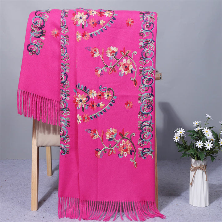 Scialle in poliestere con Buddha Stones, fiori colorati, stile etnico, ricamo, nappa, sciarpa da viaggio invernale e accogliente - Rosa intenso - 200*70cm - image 11