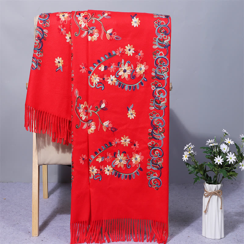 Scialle in poliestere con Buddha Stones, fiori colorati, stile etnico, ricamo, nappa, sciarpa da viaggio invernale e accogliente - Rosso - 200*70cm - image 0