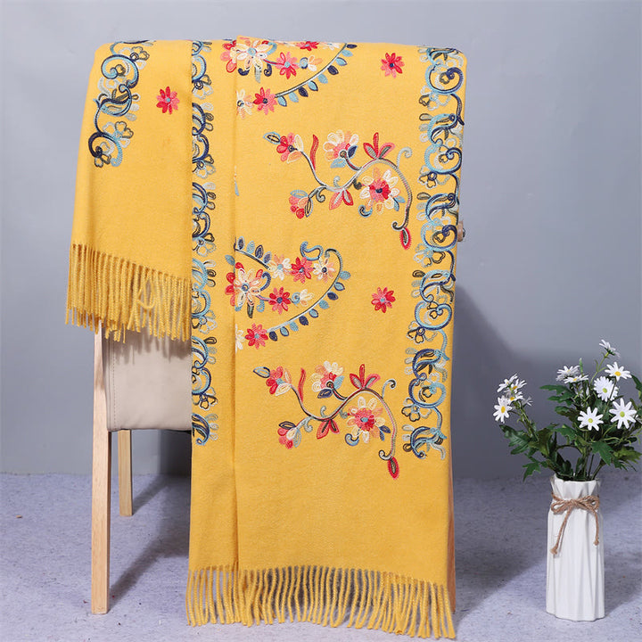 Scialle in poliestere con Buddha Stones, fiori colorati, stile etnico, ricamo, nappa, sciarpa da viaggio invernale e accogliente