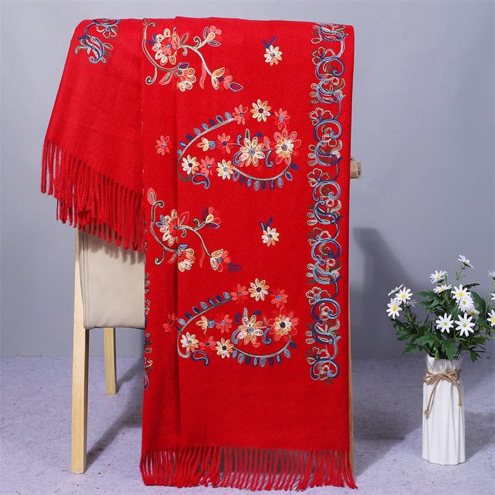 Scialle in poliestere con Buddha Stones, fiori colorati, stile etnico, ricamo, nappa, sciarpa da viaggio invernale e accogliente - Cremisi - 200*70cm - image 2