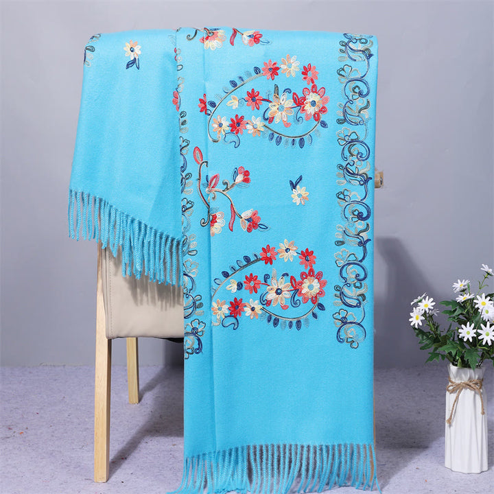 Scialle in poliestere con Buddha Stones, fiori colorati, stile etnico, ricamo, nappa, sciarpa da viaggio invernale e accogliente - Azzurro cielo chiaro - 200*70cm - image 10