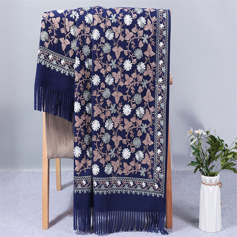 Scialle in poliestere con Buddha Stones , fiori di anacardi, ricamo con nappa, sciarpa da viaggio invernale e calda - Blu notte - 200*70cm - image 0