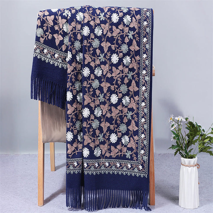 Scialle in poliestere con Buddha Stones , fiori di anacardi, ricamo con nappa, sciarpa da viaggio invernale e calda - Blu notte - 200*70cm - image 0
