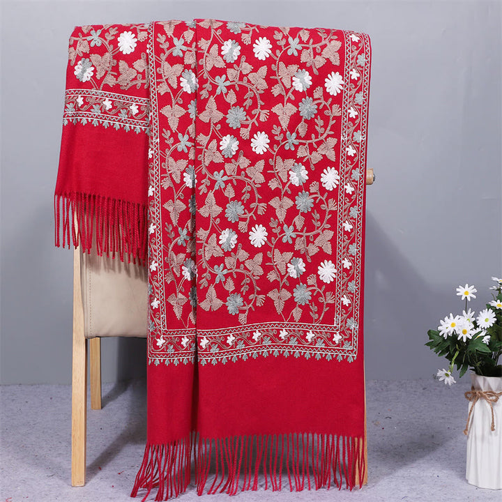 Scialle in poliestere con Buddha Stones , fiori di anacardi, ricamo con nappa, sciarpa da viaggio invernale e calda