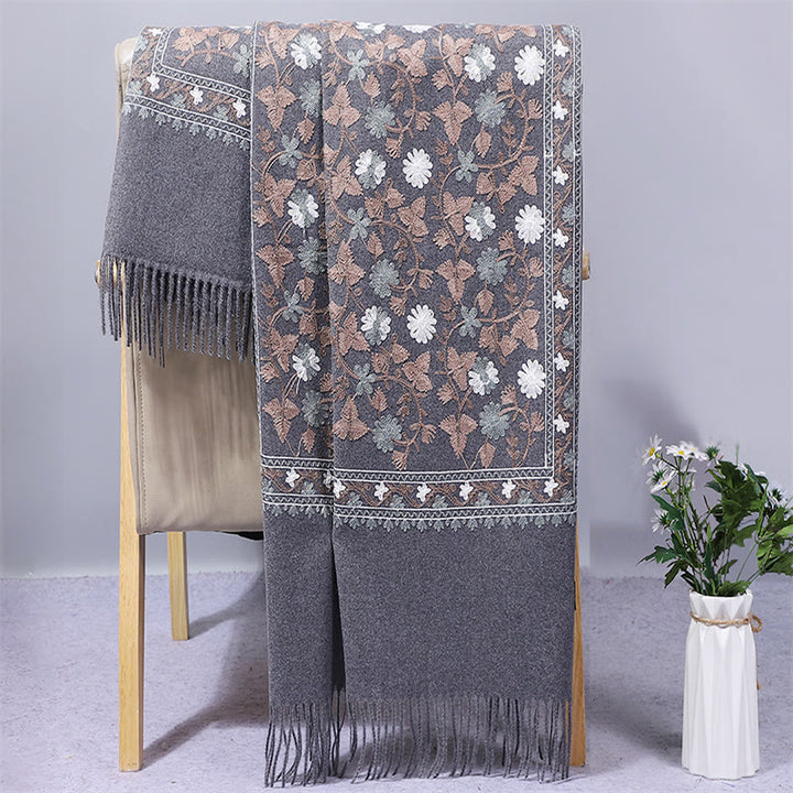 Scialle in poliestere con Buddha Stones , fiori di anacardi, ricamo con nappa, sciarpa da viaggio invernale e calda