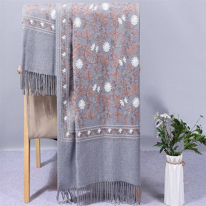 Scialle in poliestere con Buddha Stones , fiori di anacardi, ricamo con nappa, sciarpa da viaggio invernale e calda