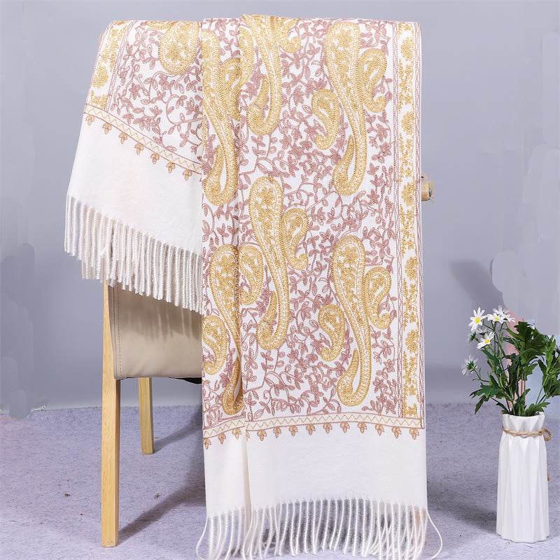 Sciarpa in tessuto di rayon con Buddha Stones , ricamo di fiori di anacardi dorati e nappa, ideale per l'inverno, perfetta per i viaggi. - Bianco - 200*70cm - image 3