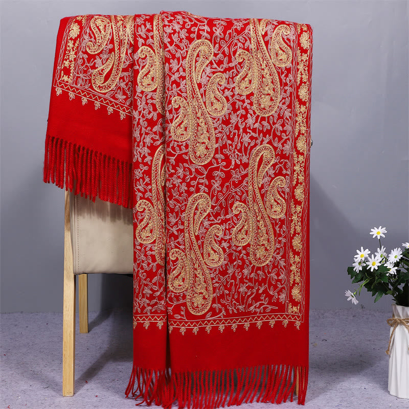 Sciarpa in tessuto di rayon con Buddha Stones , ricamo di fiori di anacardi dorati e nappa, ideale per l'inverno, perfetta per i viaggi. - FireBrick - 200*70cm - image 1