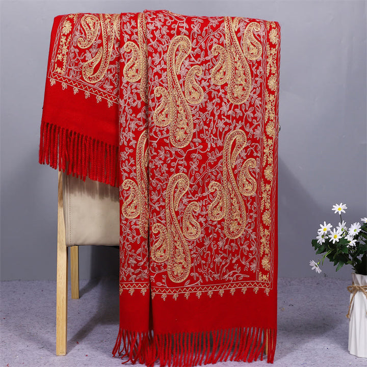 Sciarpa in tessuto di rayon con Buddha Stones , ricamo di fiori di anacardi dorati e nappa, ideale per l'inverno, perfetta per i viaggi. - FireBrick - 200*70cm - image 1