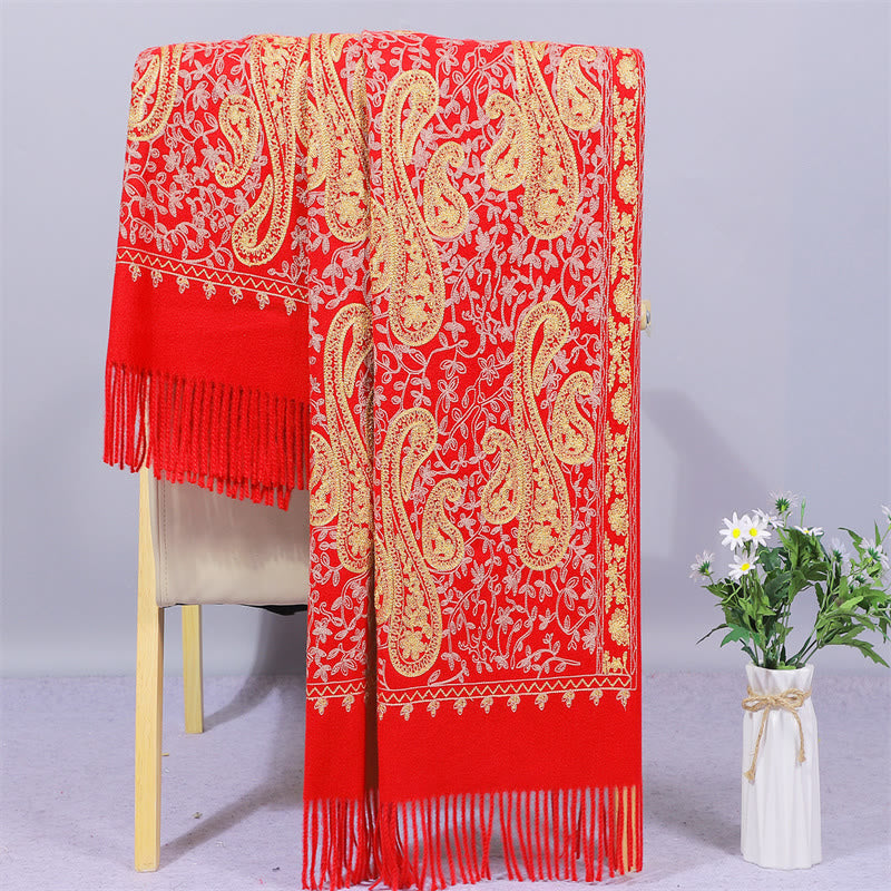 Sciarpa in tessuto di rayon con Buddha Stones , ricamo di fiori di anacardi dorati e nappa, ideale per l'inverno, perfetta per i viaggi. - RossoArancione - 200*70cm - image 8