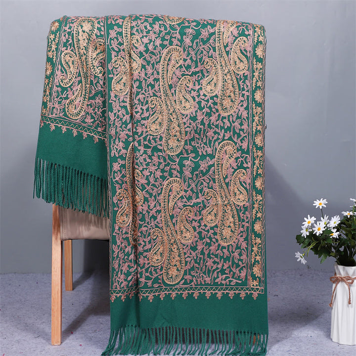 Sciarpa in tessuto di rayon con Buddha Stones , ricamo di fiori di anacardi dorati e nappa, ideale per l'inverno, perfetta per i viaggi. - Verde acqua - 200*70cm - image 0