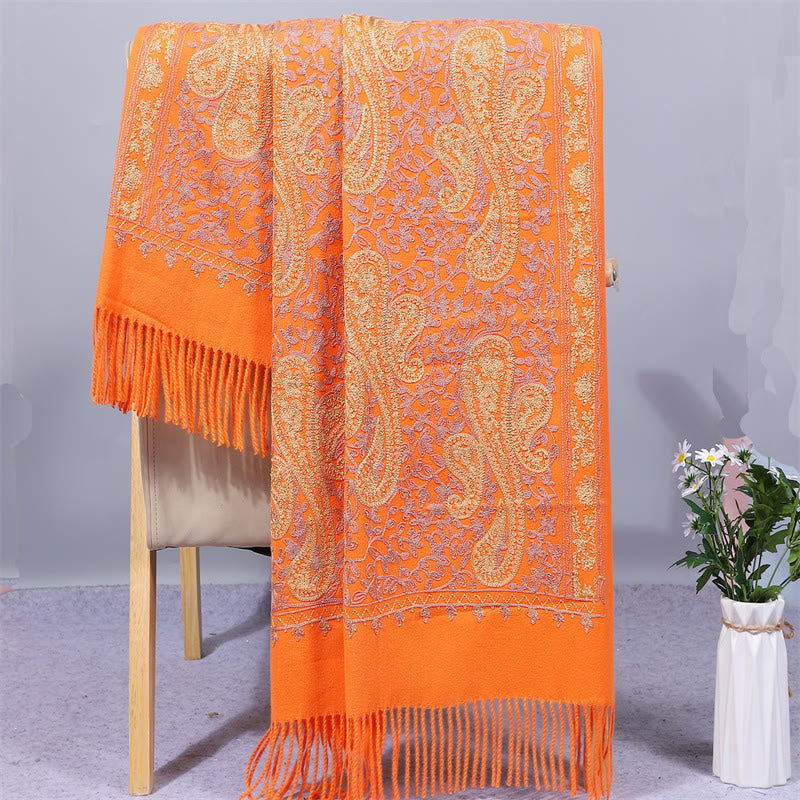 Sciarpa in tessuto di rayon con Buddha Stones , ricamo di fiori di anacardi dorati e nappa, ideale per l'inverno, perfetta per i viaggi. - Arancia - 200*70cm - image 9