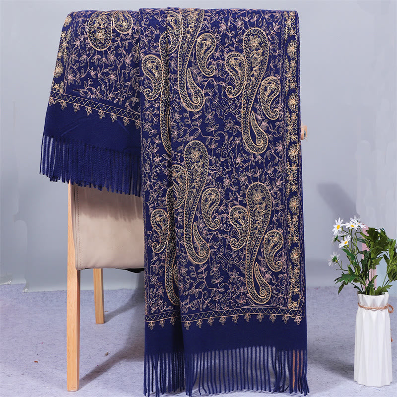 Sciarpa in tessuto di rayon con Buddha Stones , ricamo di fiori di anacardi dorati e nappa, ideale per l'inverno, perfetta per i viaggi. - Marina - 200*70cm - image 5