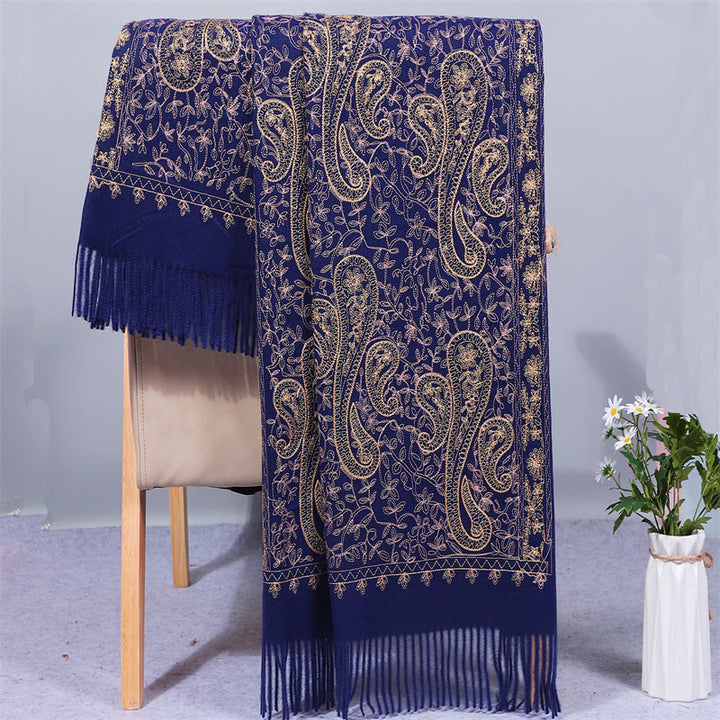 Sciarpa in tessuto di rayon con Buddha Stones , ricamo di fiori di anacardi dorati e nappa, ideale per l'inverno, perfetta per i viaggi. - Marina - 200*70cm - image 5