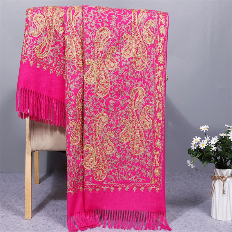 Sciarpa in tessuto di rayon con Buddha Stones , ricamo di fiori di anacardi dorati e nappa, ideale per l'inverno, perfetta per i viaggi. - Rosa intenso - 200*70cm - image 10
