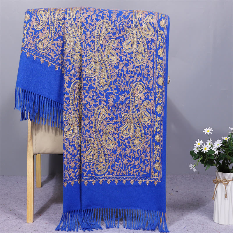 Sciarpa in tessuto di rayon con Buddha Stones , ricamo di fiori di anacardi dorati e nappa, ideale per l'inverno, perfetta per i viaggi. - Blu reale - 200*70cm - image 6