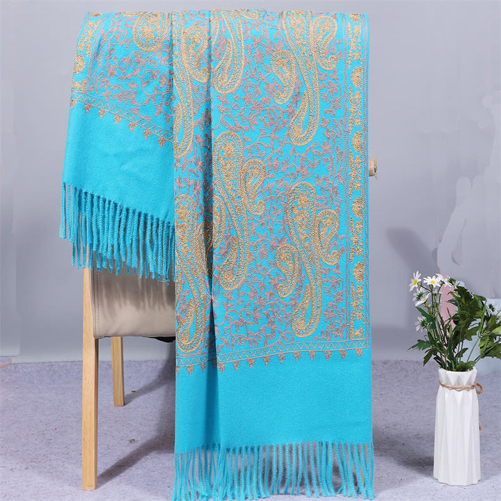 Sciarpa in tessuto di rayon con Buddha Stones , ricamo di fiori di anacardi dorati e nappa, ideale per l'inverno, perfetta per i viaggi. - Azzurro cielo chiaro - 200*70cm - image 11