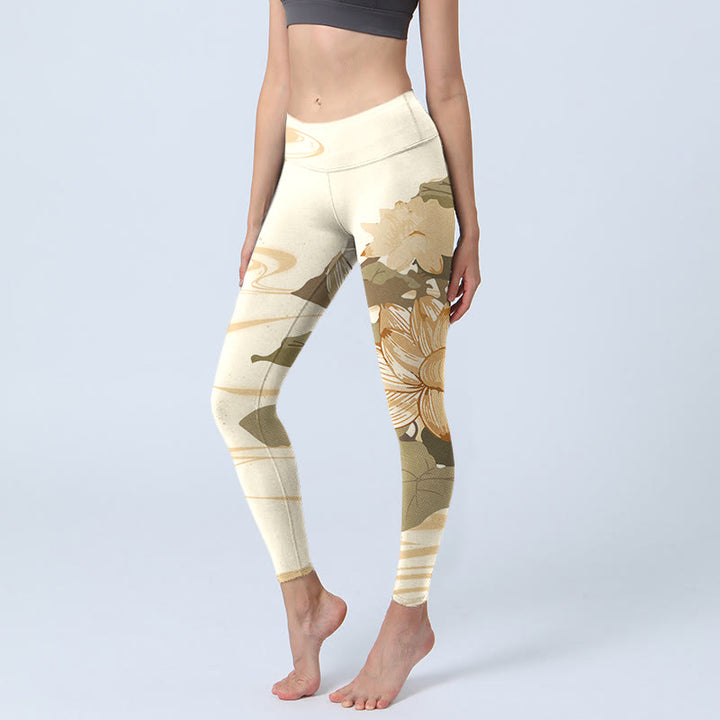 Leggings da palestra con stampa di fiori di loto beige Buddha Stones, pantaloni da yoga da donna - Beige - US18, UK/AU22, EU50 (4XL) - image 0