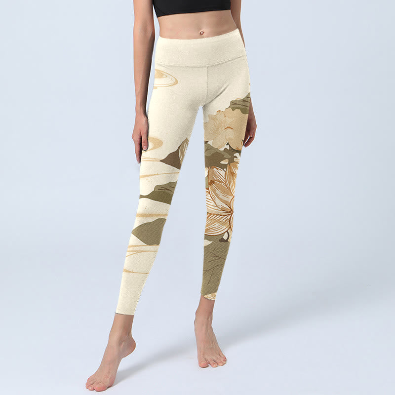 Leggings da palestra con stampa di fiori di loto beige Buddha Stones, pantaloni da yoga da donna - image 5