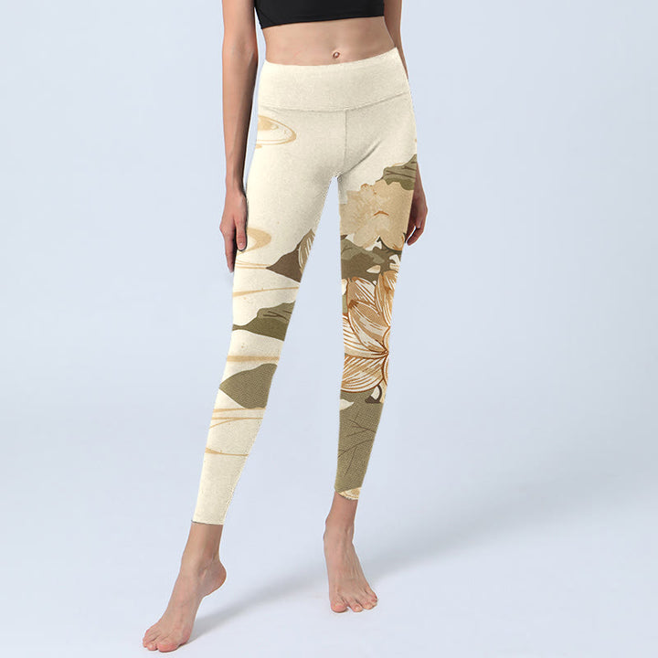Leggings da palestra con stampa di fiori di loto beige Buddha Stones, pantaloni da yoga da donna - image 5