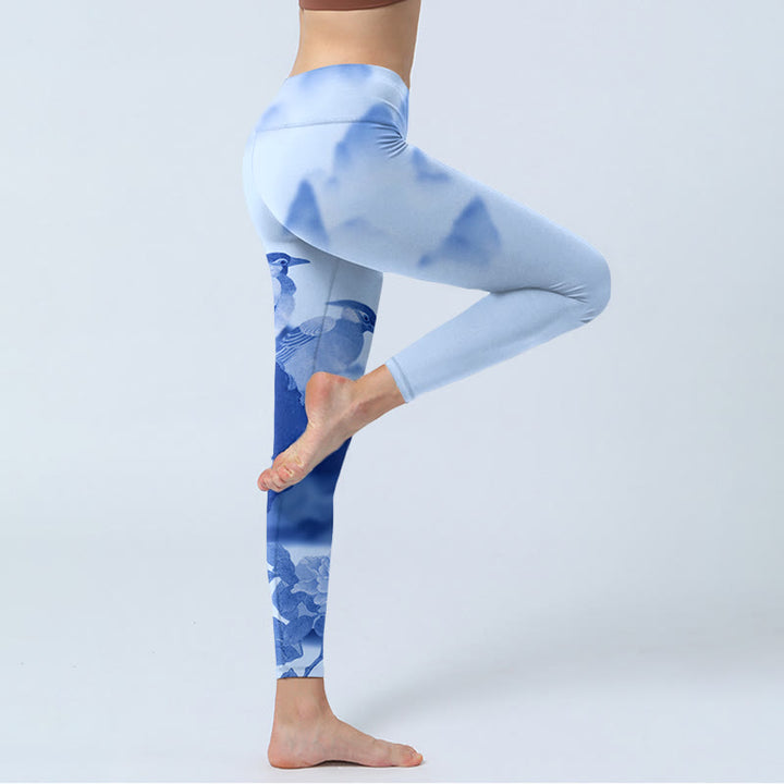 Leggings sportivi con stampa di peonie e uccelli blu Buddha Stones, pantaloni da yoga da donna - image 4