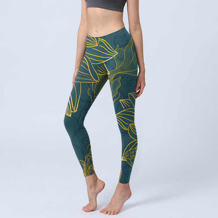 Leggings da palestra con stampa di loto e pesce koi dorato Buddha Stones, pantaloni da yoga da donna - Cadetto Blu - US18, UK/AU22, EU50 (4XL) - image 0