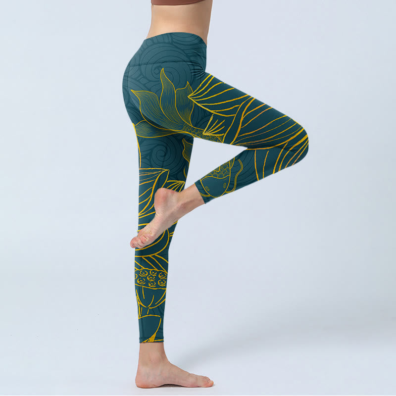 Leggings da palestra con stampa di loto e pesce koi dorato Buddha Stones, pantaloni da yoga da donna - image 4