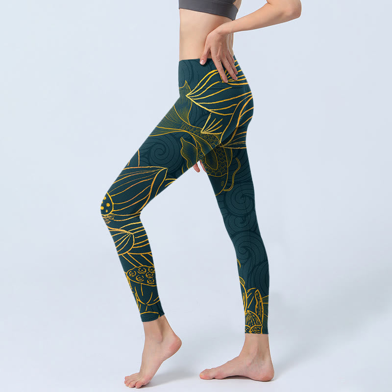 Leggings da palestra con stampa di loto e pesce koi dorato Buddha Stones, pantaloni da yoga da donna - image 3