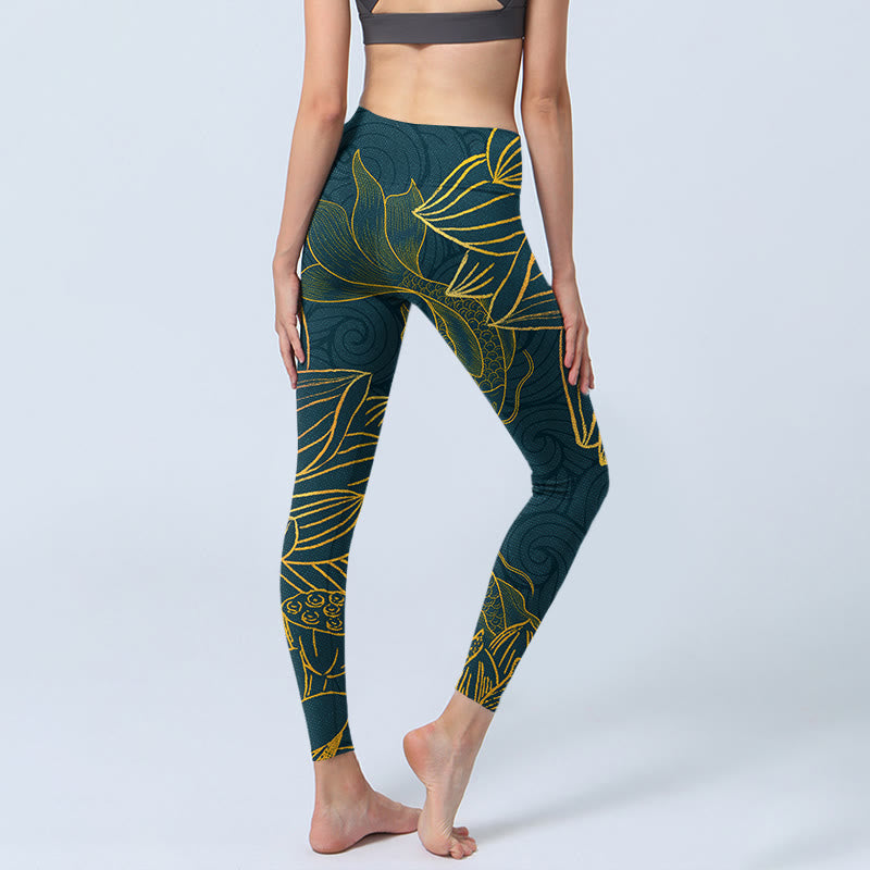 Leggings da palestra con stampa di loto e pesce koi dorato Buddha Stones, pantaloni da yoga da donna - image 5