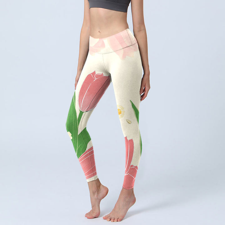 Leggings da palestra con stampa di fiori di tulipano rosa Buddha Stones, pantaloni da yoga da donna - Bianco antico - US18, UK/AU22, EU50 (4XL) - image 0
